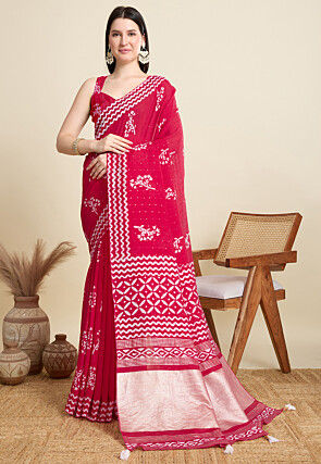 Batik Printed Cotton Saree in Fuchsia