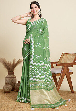 Batik Printed Cotton Saree in Green