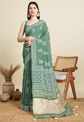 Batik Printed Cotton Saree in Green