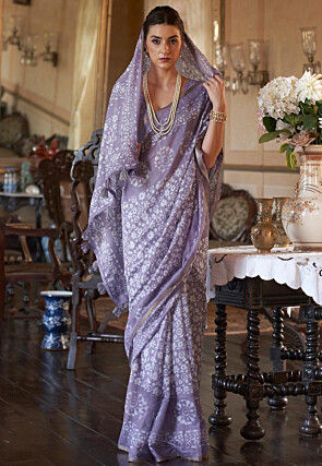 Batik Printed Cotton Saree in Light Purple