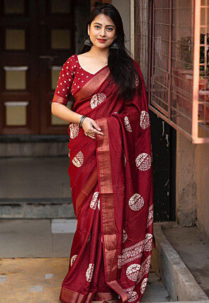 Batik Printed Cotton Saree in Maroon
