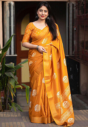 Batik Printed Cotton Saree in Mustard