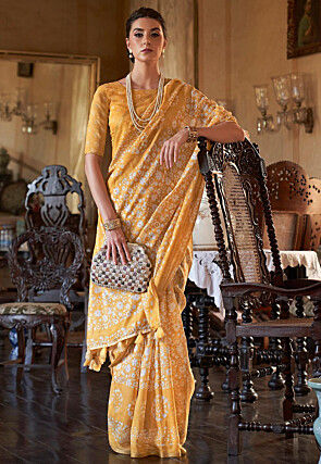 Batik Printed Cotton Saree in Musturd