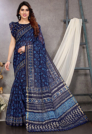 Batik Printed Cotton Saree in Navy Blue