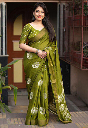 Batik Printed Cotton Saree in Olive Green