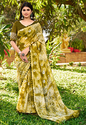 Batik Printed Cotton Saree in Olive Green