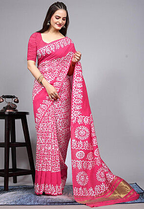 Batik Printed Cotton Saree in Pink