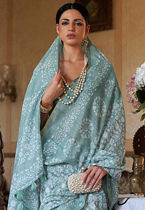 Batik Printed Cotton Saree in Sea Green