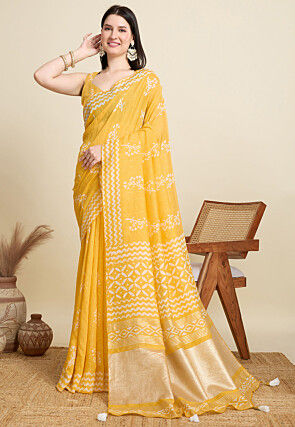 Batik Printed Cotton Saree in Yellow