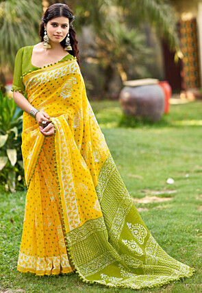 Batik Printed Cotton Saree in Yellow