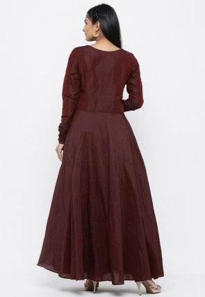 Batik Printed Cotton Silk Abaya Style Suit in Maroon