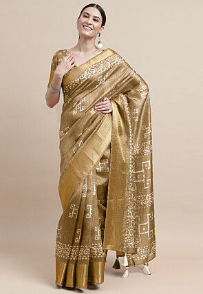 Batik Printed Cotton Silk Saree in Beige