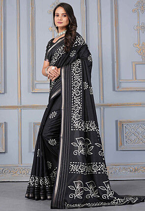 Batik Printed Cotton Silk Saree in Black