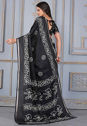 Batik Printed Cotton Silk Saree in Black