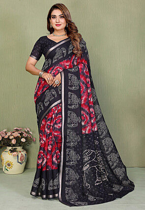 Tie N Dye Printed Cotton Silk Saree in Black