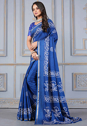 Batik Printed Cotton Silk Saree in Blue