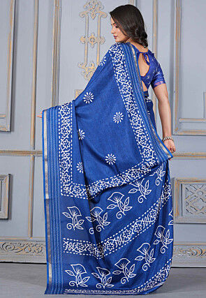 Batik Printed Cotton Silk Saree in Blue