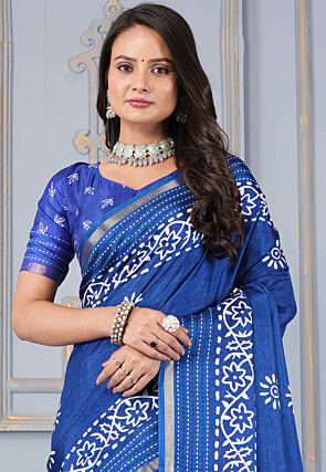 Batik Printed Cotton Silk Saree in Blue