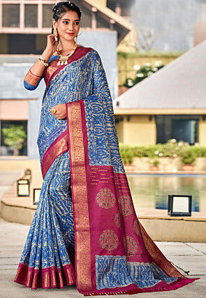 Bhagalpur Handloom Pure Linen Cotton Hand-Dyed Batik Pattern Saree-Gre