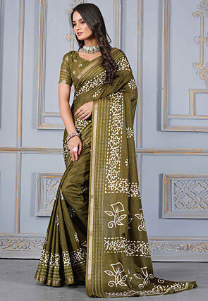 Batik Printed Cotton Silk Saree in Dark Olive Green