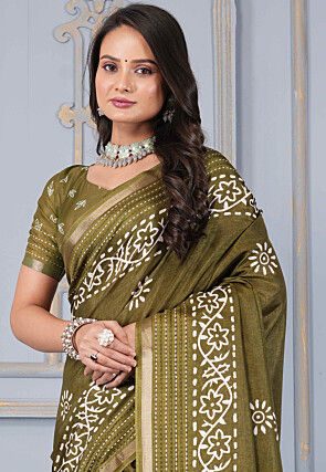 Batik Printed Cotton Silk Saree in Dark Olive Green
