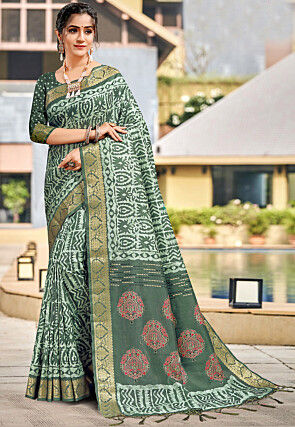 Batik Printed Cotton Silk Saree in Dusty Green