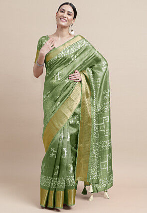 Batik Printed Cotton Silk Saree in Light Green