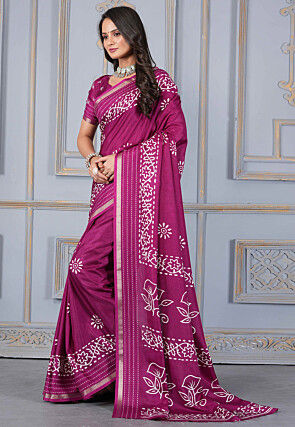 Batik Printed Cotton Silk Saree in Magenta