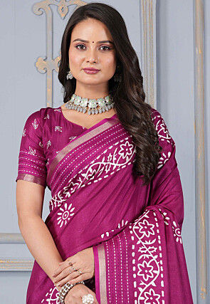 Batik Printed Cotton Silk Saree in Magenta