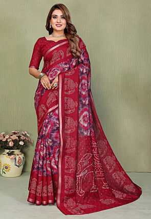 Tie N Dye Printed Cotton Silk Saree in Maroon