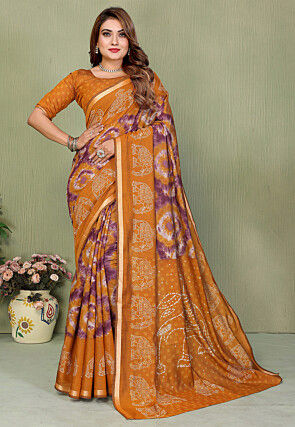Tie N Dye Printed Cotton Silk Saree in Mustard