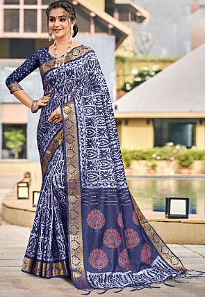 Batik Printed Cotton Silk Saree in Navy Blue