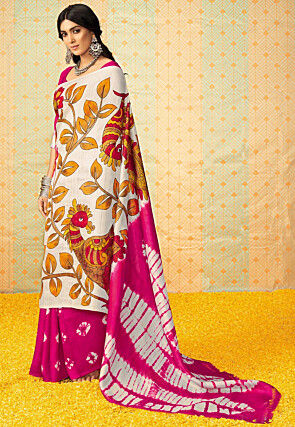 Batik Printed Cotton Silk Saree in Off White and Pink