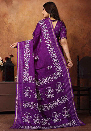 Batik Printed Cotton Silk Saree in Purple