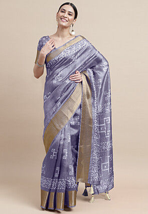 Batik Printed Cotton Silk Saree in Purple