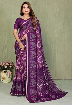 Tie N Dye Printed Cotton Silk Saree in Purple