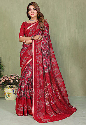 Tie N Dye Printed Cotton Silk Saree in Red