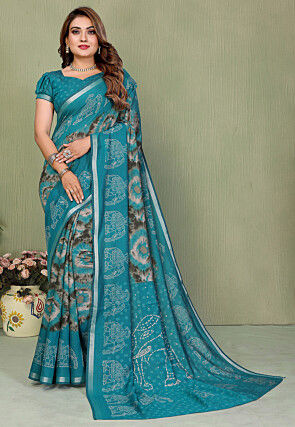 Tie N Dye Printed Cotton Silk Saree in Teal Blue