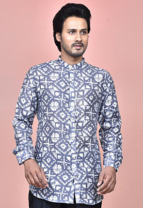 Batik Printed Cotton Silk Shirt in Grey