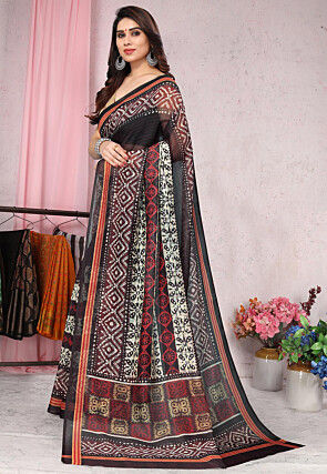 Batik Printed Cotton Slub Saree in Black