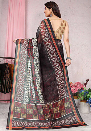 Batik Printed Cotton Slub Saree in Black