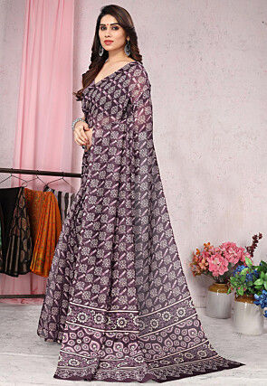 Batik Printed Cotton Slub Saree in Wine