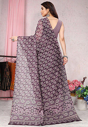 Batik Printed Cotton Slub Saree in Wine