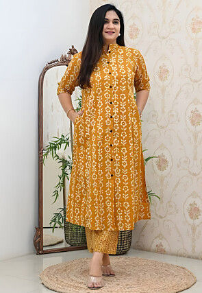 Batik Printed Cotton Straight Kurta Set in Yellow