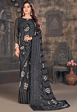 Batik Printed Georgette Saree in Charcoal Black