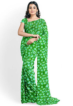 Batik Printed Georgette Saree in Green