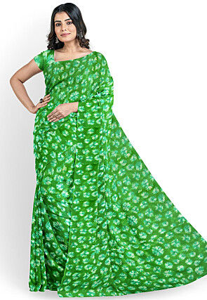 Batik Printed Georgette Saree in Green