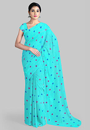 Batik Printed Georgette Saree in Sea Green