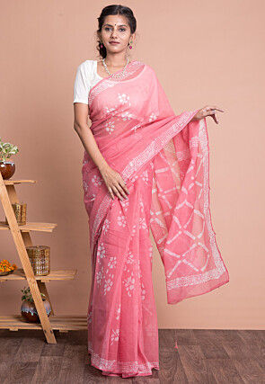 Batik Printed Kota Doria Saree in Pink