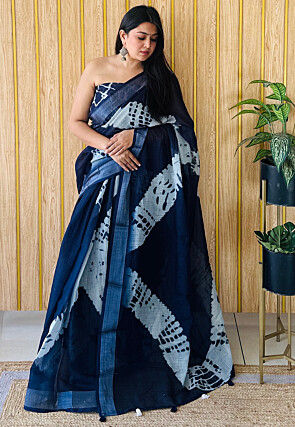 Batik Printed Linen Cotton Saree in Navy Blue